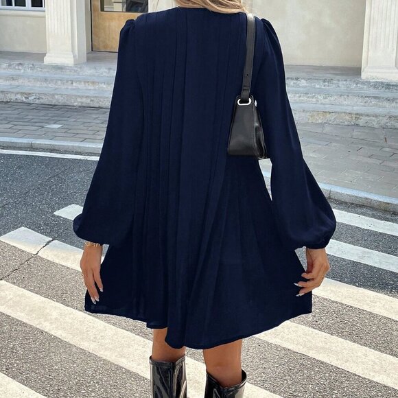 Navy Blue Casual Women's Pleated long sleeved mini Dress - Picture 2 of 6